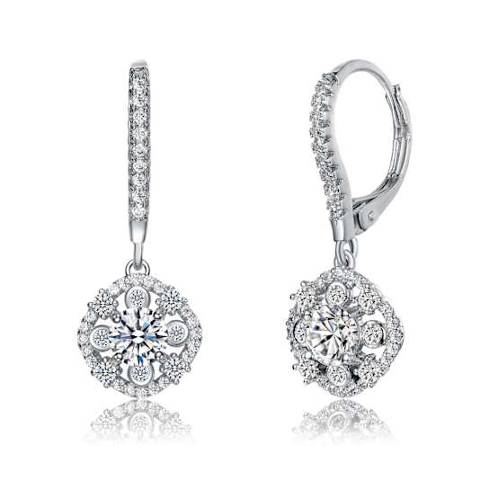 CZ Leverback Drop Earrings In Rhodium Over Brass