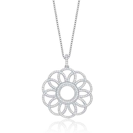 Floral CZ Pendant Necklace In Sterling Silver