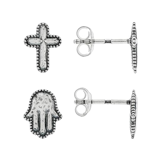 Cross And Hamsa Hand Earring Set In Sterling Silver