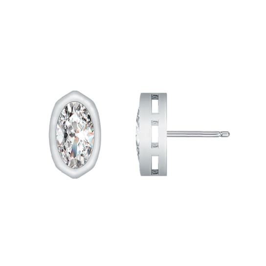 Oval CZ Stud Earrings In White Rhodium Over Brass