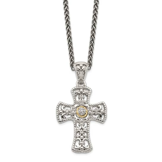 Sterling Silver Antiqued with 14K Accent Diamond Cross Necklace