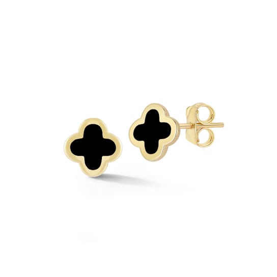 Black Enamel Clover Stud Earrings In 14K Yellow Gold