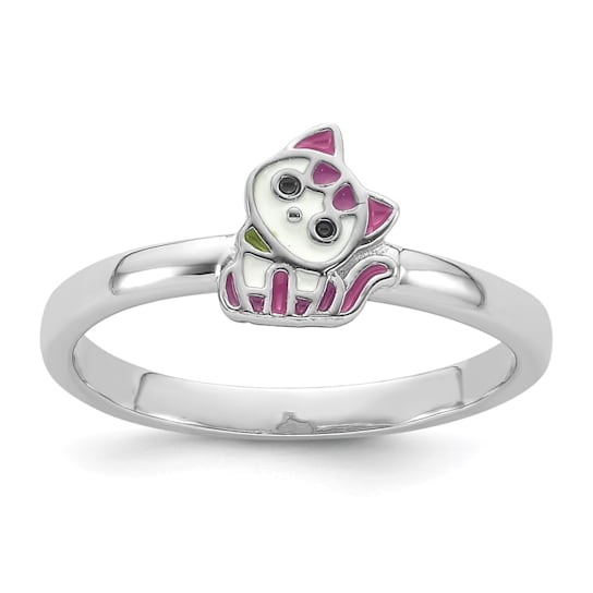 Rhodium Over Sterling Silver Multi-color Enameled Cat Children's Ring