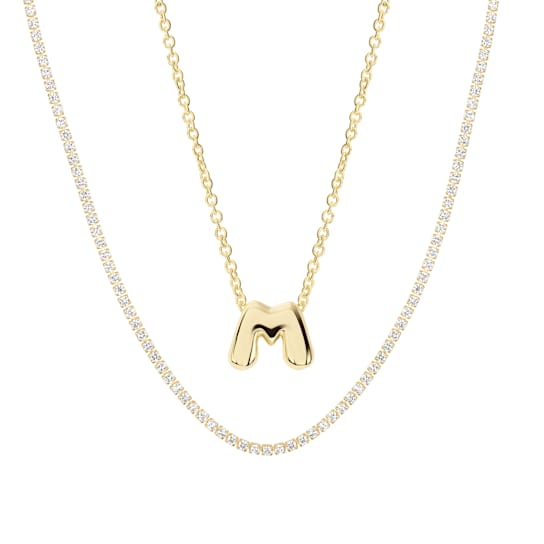 CZ Initial M Tennis Necklace And Pendant Set In 14K Gold Over Brass 4.05ctw