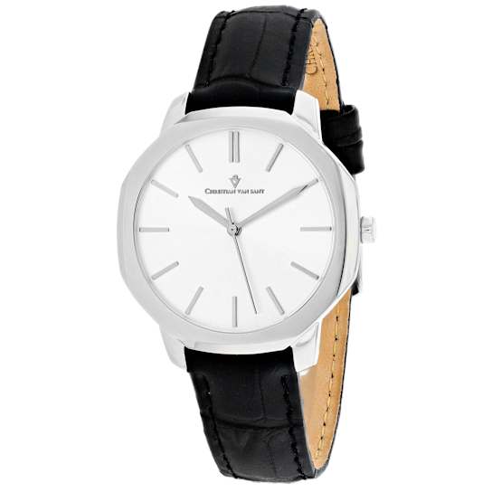 Christian Van Sant Octave Slim Watch With White Dial And Black Leather Strap