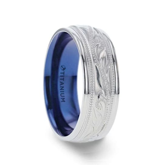 MARINER Titanium Milgrain Engraved Finish Men 's Wedding Ring with Blue
Plating Inside 8mm