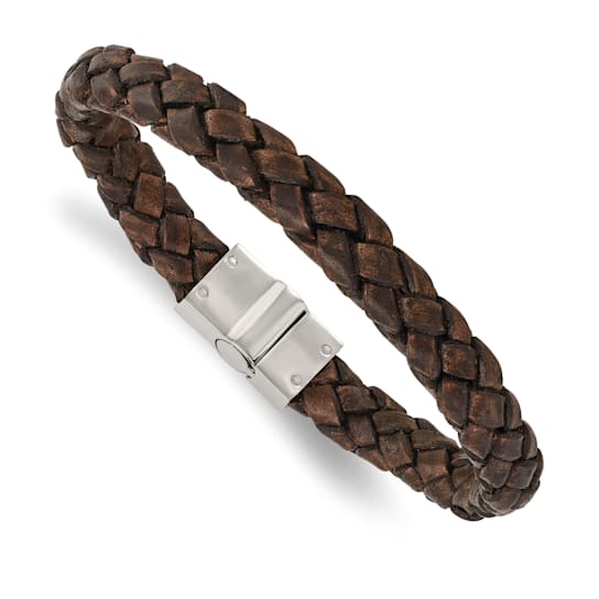 Brown Woven Leather and Stainless Steel Polished 8.75-inch Bracelet