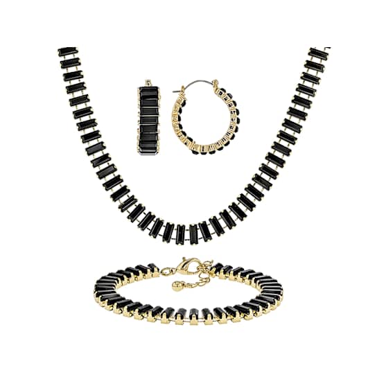 Black Crystal Tennis Necklace, Bracelet And Hoop Earring Set In Gold-Tone