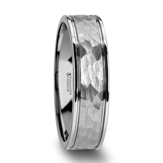 THORNTON Hammered Finish White Tungsten Carbide Wedding Band with Offset
Grooves/Polished Edges 6mm
