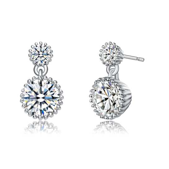 Two-Stone CZ Milgrain Drop Earrings In White Rhodium Over Brass