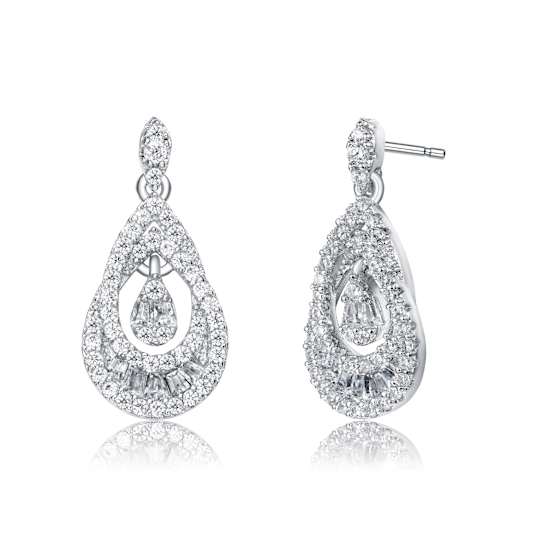Double Pear Shape CZ Drop Earrings In Sterling Silver