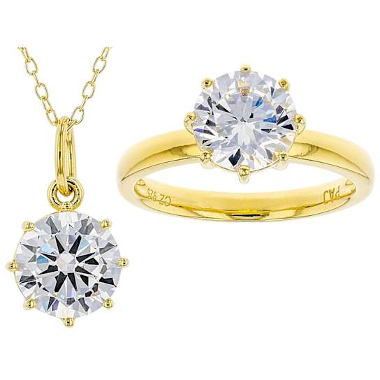 Solitaire CZ Pendant And Ring Set in 18K Gold Over Sterling Silver