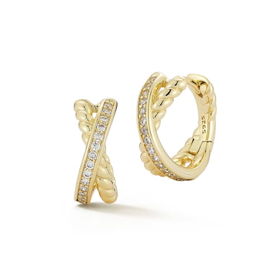 Rachel Zoe CZ Twist Crossover Hoop Earrings in 14K Gold Over Sterling Silver