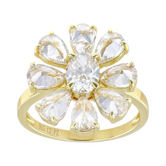 CZ Flower Ring In 18K Gold Over Sterling Silver 6.12ctw