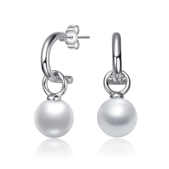 Shell Pearl Drop Huggie Earrings In White Rhodium Over Brass