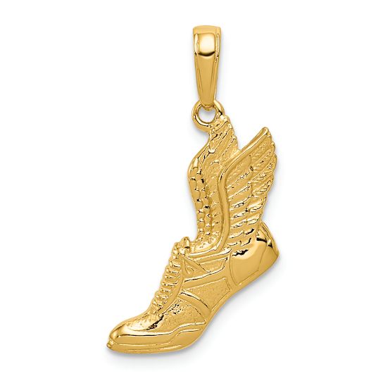 14k Yellow Gold Polished and Textured Running Shoe with Wings Pendant