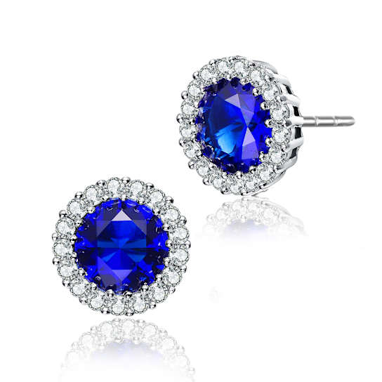 Sapphire Color CZ Halo Stud Earrings In Sterling Silver