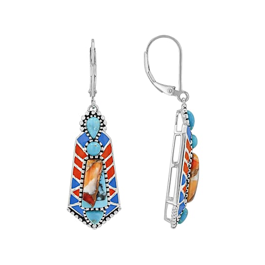Spiny Oyster, Turquoise And Enamel Sterling Silver Dangle Earrings 12x6mm