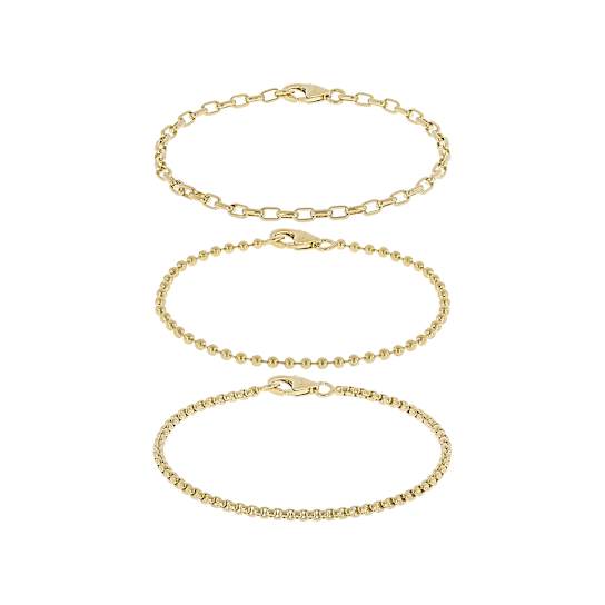 Box, Bead and Rolo Chain Bracelet Set Of 3 In 18K Gold Over Bronze