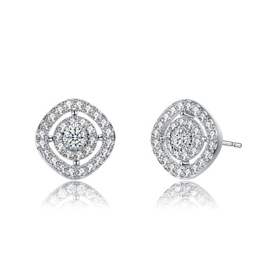 CZ Halo Square Stud Earrings In White Rhodium Over Brass