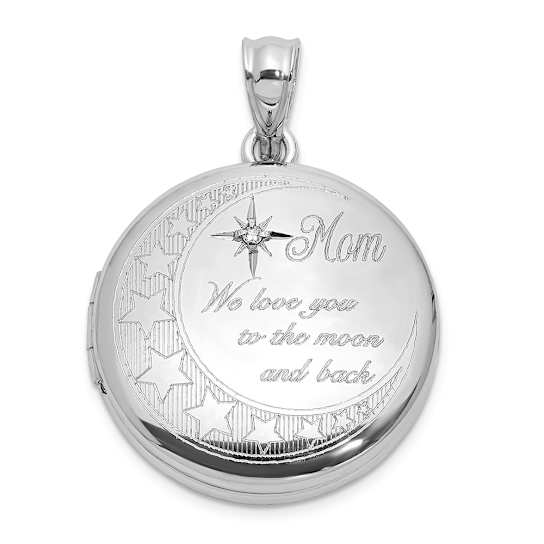 Rhodium Over Sterling Silver Diamond 20mm Mom Moon/Stars Round Locket