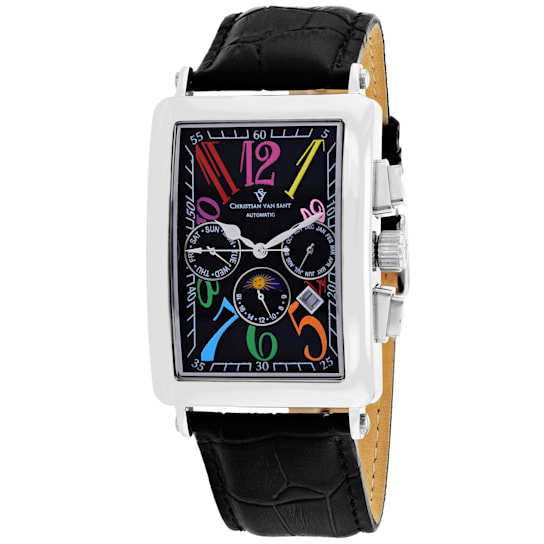 Christian Van Sant Men's Prodigy Black Dial, Multi-color Accents, White
Bezel, Black Leather Watch