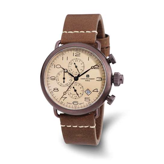 Charles Hubert Men's 46mm Brown IP-plated Leather Band Dual Time Watch