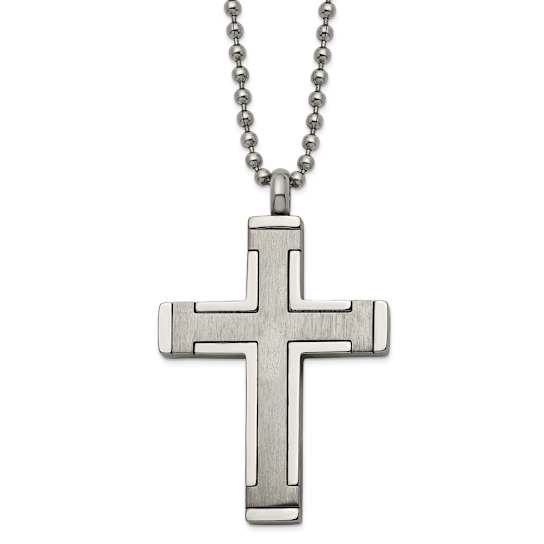 Titanium Brushed and Polished Cross Pendant with 22 Inch Ball Chain