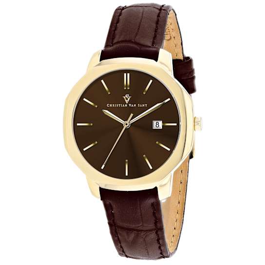 Christian Van Sant Octave Slim Brown Dial Yellow Bezel Leather Watch