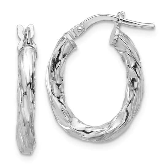 Rhodium Over Sterling Silver Polished and Textured Twisted Oval Hoop Earrings