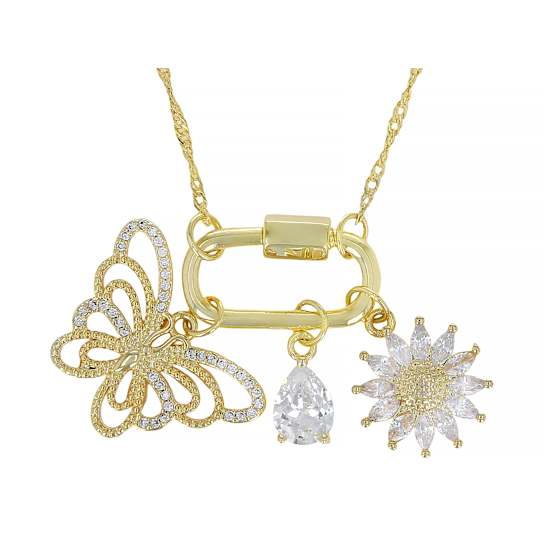 CZ Butterfly And Flower Charm Necklace In 18K Gold Over Brass 3.27ctw
