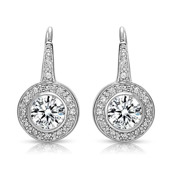 CZ Bezel Halo Drop Earrings In White Rhodium Over Brass