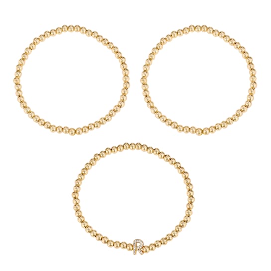 Initial R CZ Beaded Bracelet Set In 14K Gold Over Brass 0.14ctw