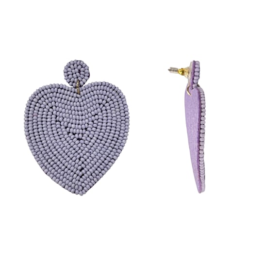 Purple Seed Bead Heart Drop Earrings