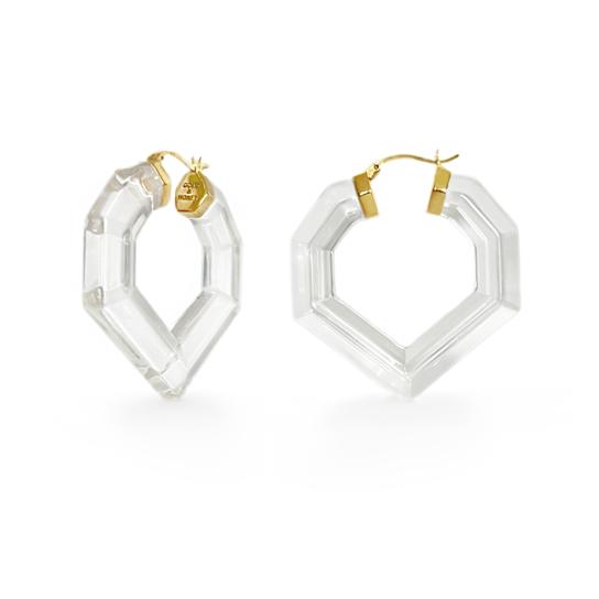 Clear Heart Acrylic Hoop Earrings In 14K Gold Over Sterling Silver