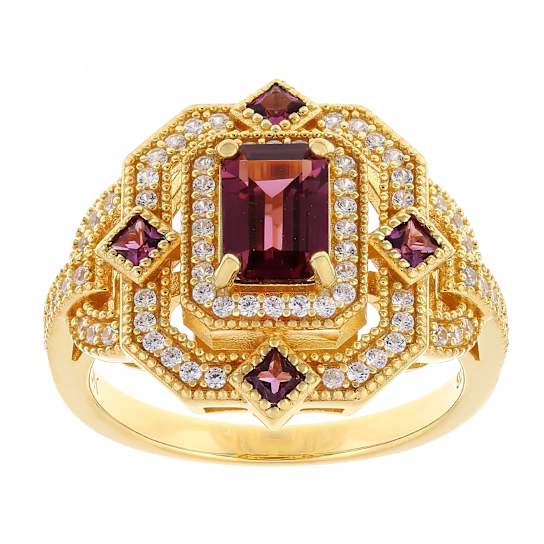 Purple Garnet, Rhodolite And White Zircon Ring In 18K Gold Over Sterling
Silver 2.06ctw