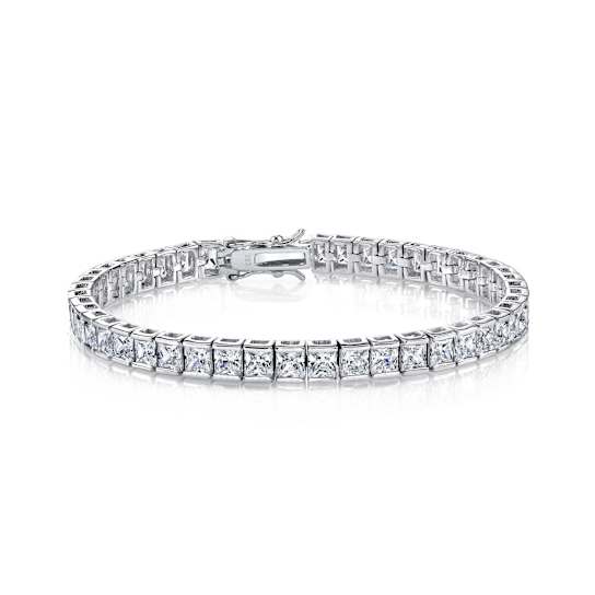 Square-Cut CZ Tennis Bracelet In Rhodium Over Brass