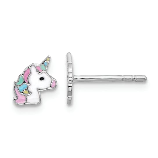 Rhodium Over Sterling Silver Enamel Unicorn Children's Post Earrings
