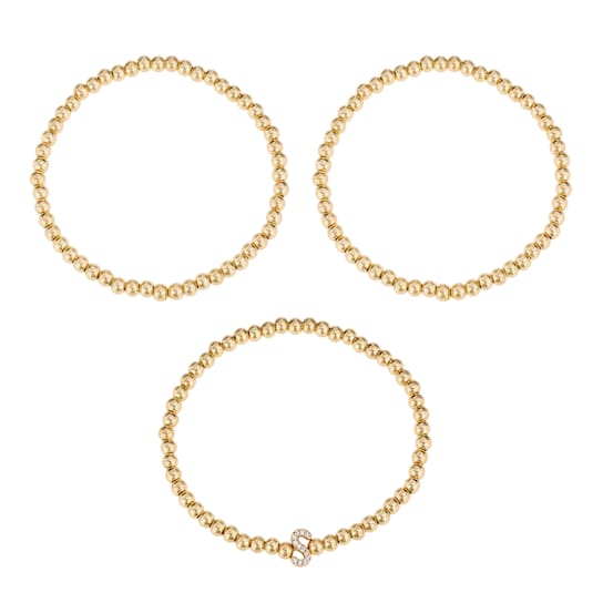 Initial S CZ Beaded Bracelet Set In 14K Gold Over Brass 0.13ctw
