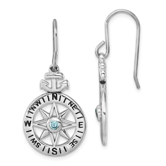 Rhodium Over Sterling Silver Polished Cubic Zirconia Compass Dangle Earrings
