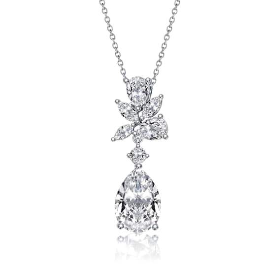 Pear Shape CZ Cluster Pendant Necklace In White Gold Over Brass