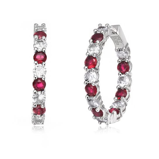 Ruby Color CZ Inside-Out Hoop Earrings In White Gold Over Brass