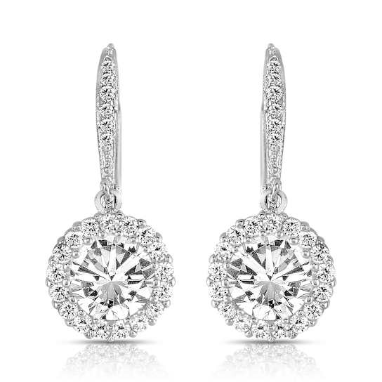CZ Halo Drop Earrings In Sterling Silver
