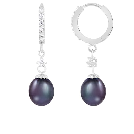7-8mm Black Cultured Freshwater Pearl and Cubic Zirconia Rhodium Over
Sterling Silver Earrings