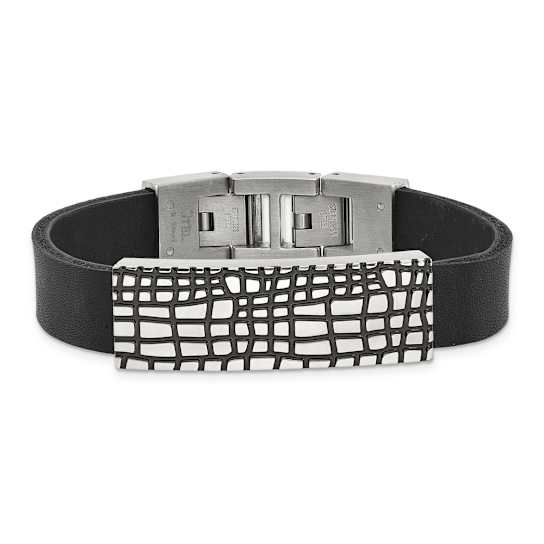 Black Leather and Stainless Steel Textured Enamel ID 7.5-inch with
.5-inch Extension Bracelet