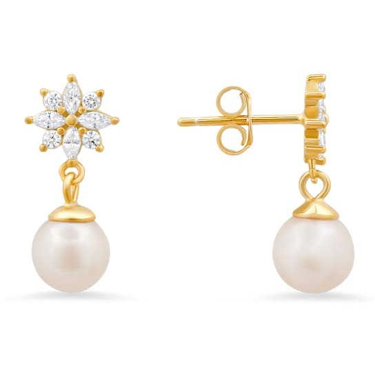 6mm Cultured Freshwater Pearl And White Cubic Zirconia 14k Yellow Gold
Over Silver Earrings 0.21ctw