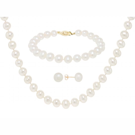 7-7.5mm White Cultured Freshwater Pearl 14k Yellow Gold Jewelry Set