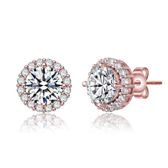 CZ Halo Stud Earrings In 18K Rose Gold Over Brass