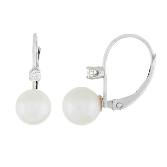 14k White Gold Leverback Earring with 7mm Akoya Pearl and .10CT DTW