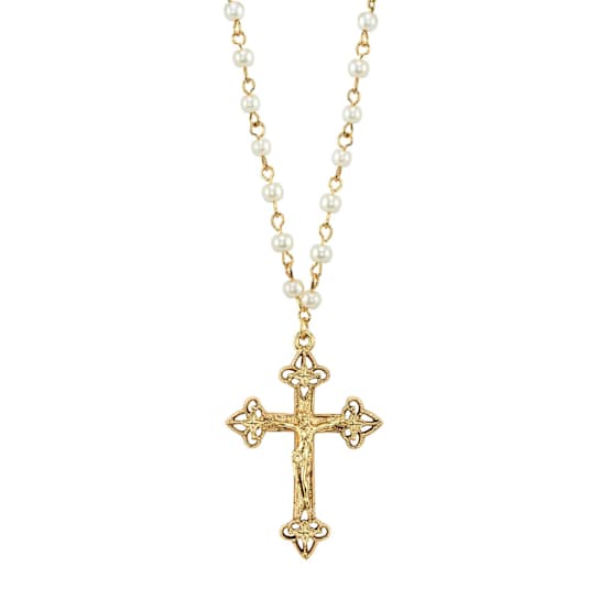 Crucifix Cross Pendant With Pearl Simulant Chain In Gold-Tone 16 Inch